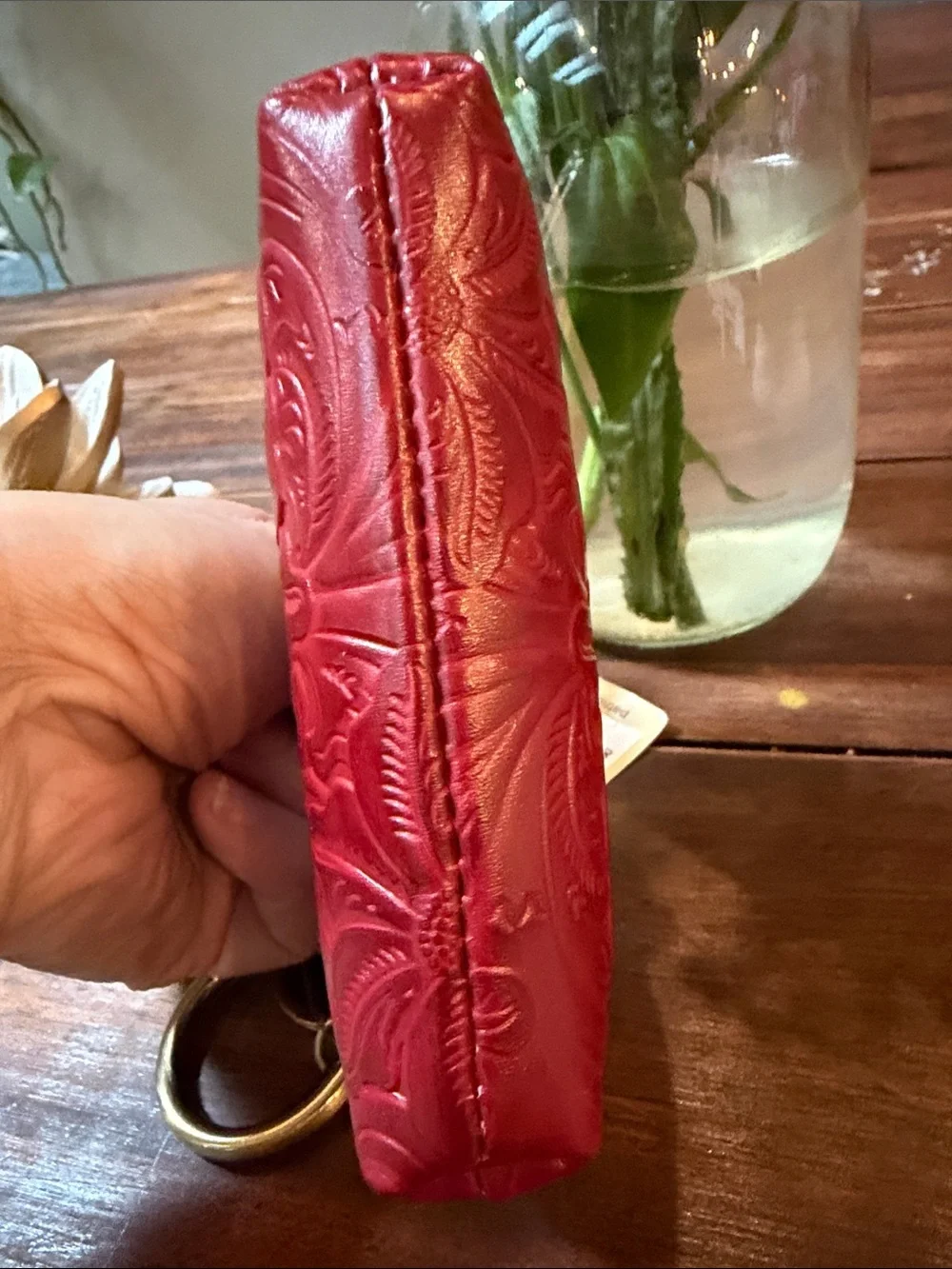 Patricia Nash Red Tooled Leather Kiss Lock Coin Purse Keychain NWT